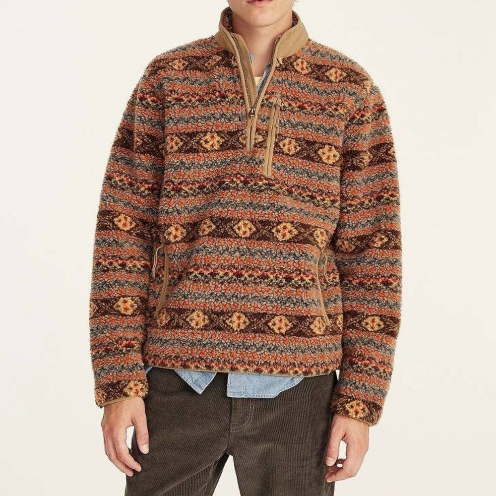 J Crew Nordic Fair Isle Sherpa Fleece Pullover Mens XL Aztec 1/4 Zip Outdoors